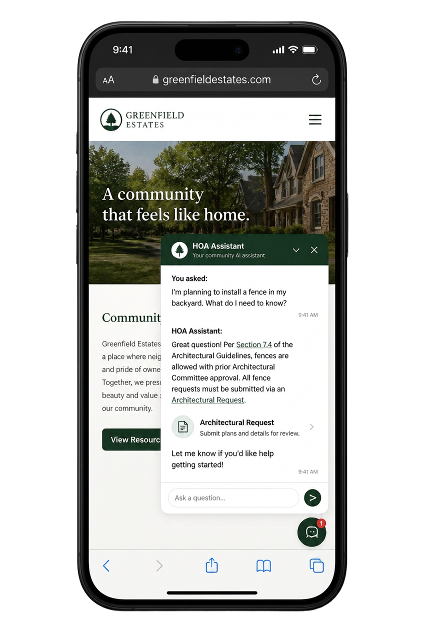 Smartphone showing the HOA Assistant mobile web interface with instant bylaw answers